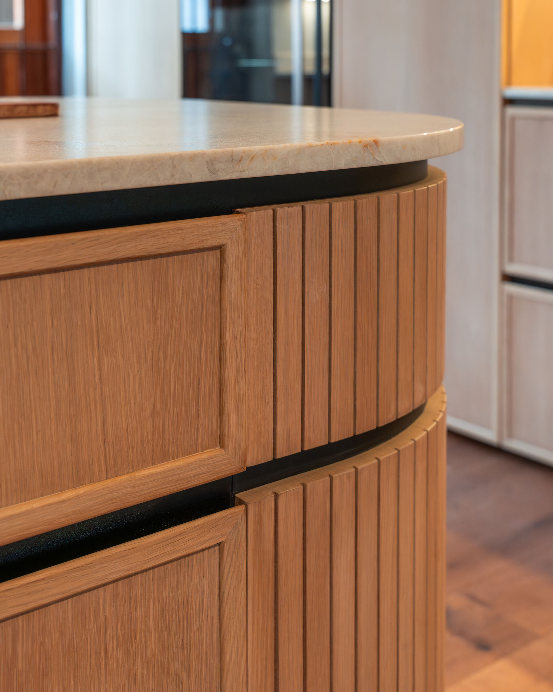 Bedford Park Residence — curved island end detail, designed, manufactured and installed by The Kitchen Studio.