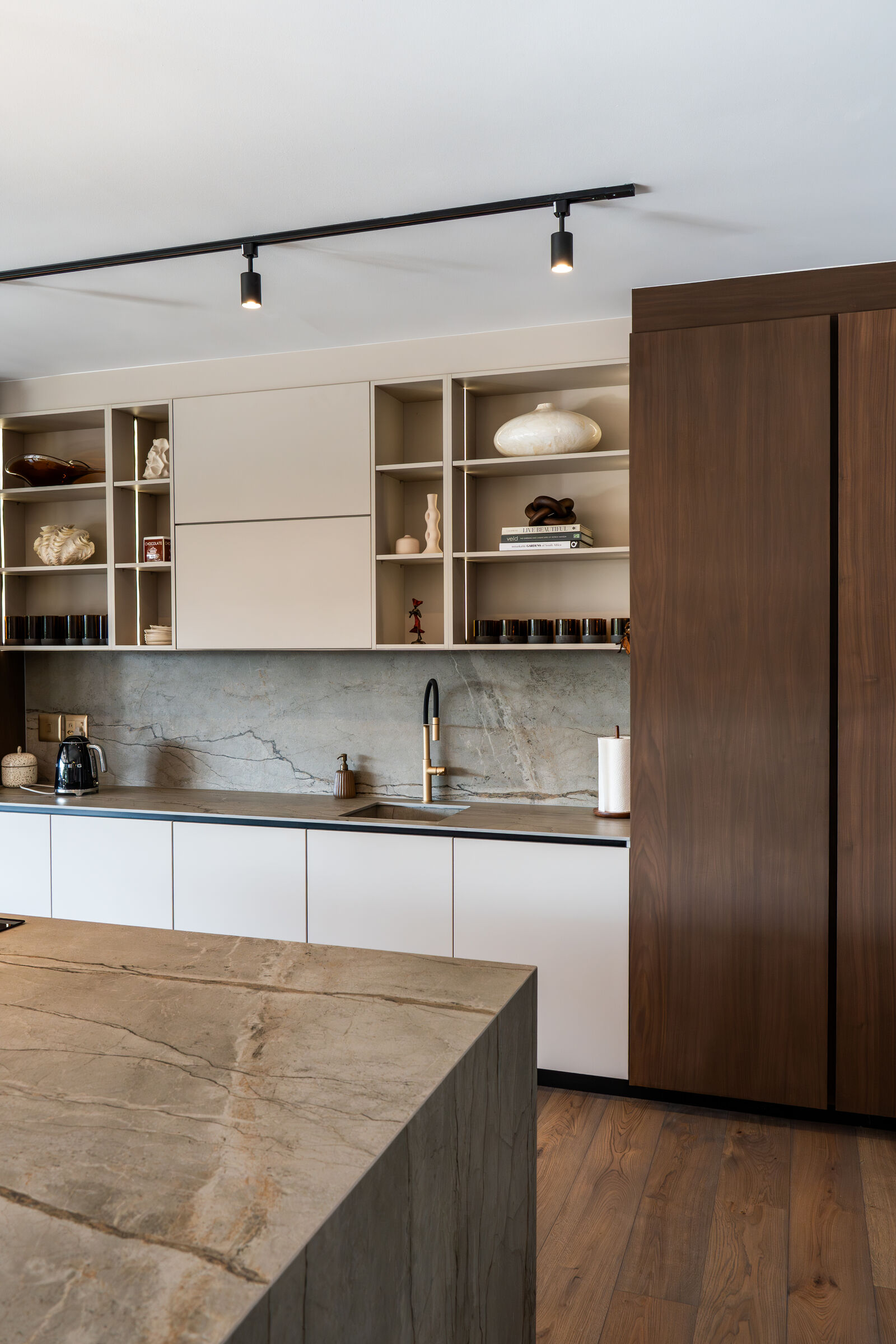Westcliff Residence — open shelving above the worktop, designed, manufactured and installed by The Kitchen Studio.