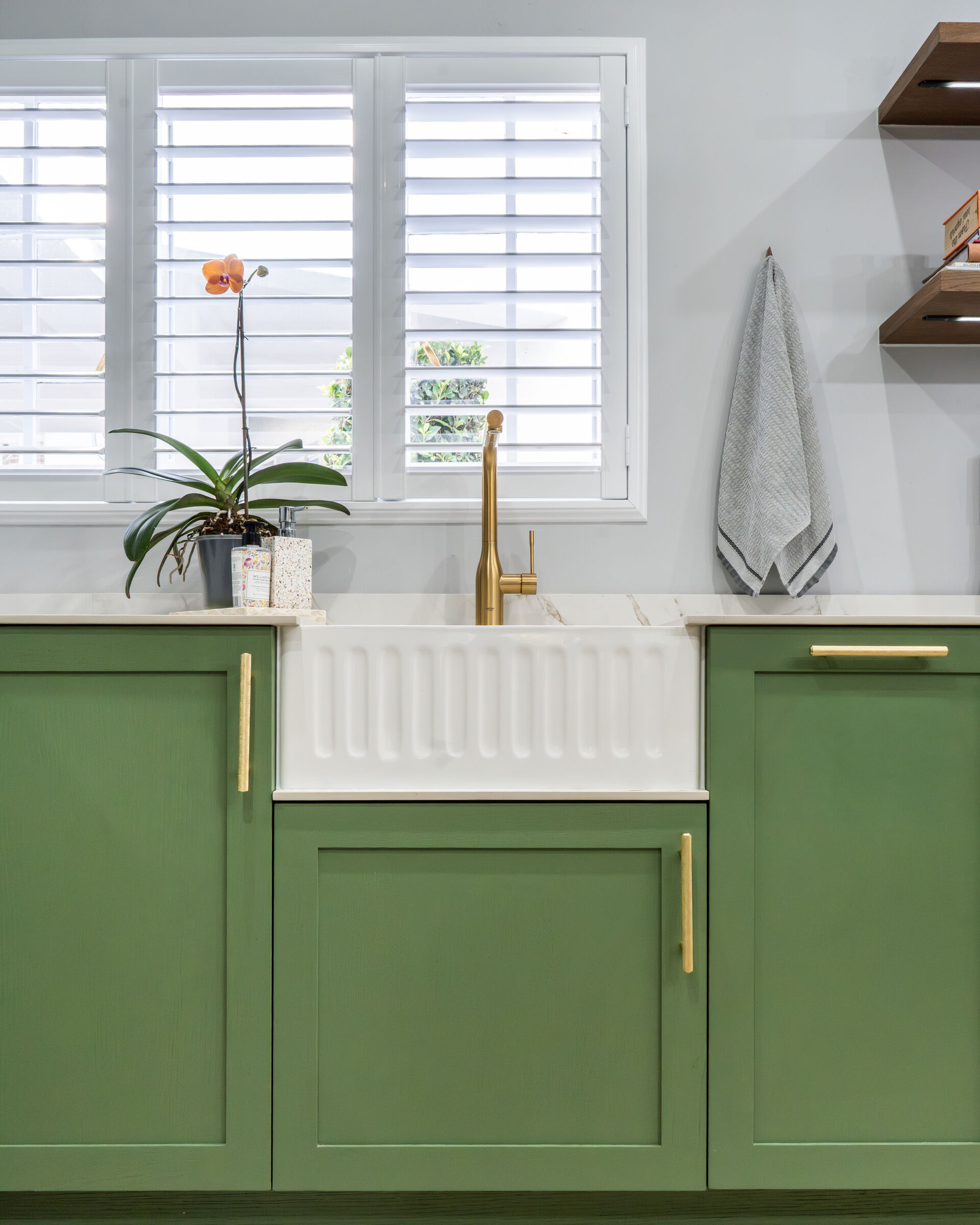 Bryanston Residence — sink and window detail, designed, manufactured and installed by The Kitchen Studio.