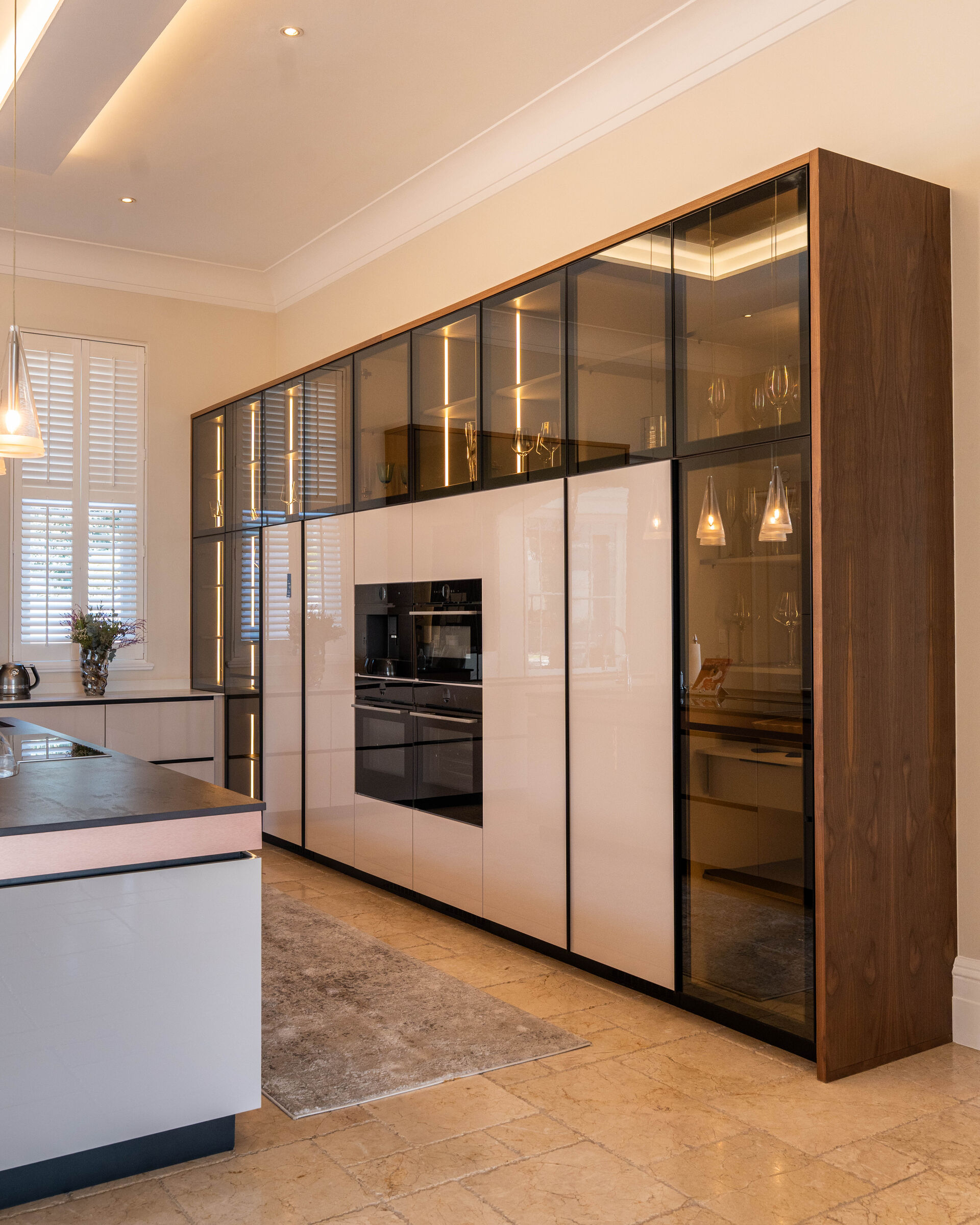Sandhurst Residence — tall joinery with glazed doors, designed, manufactured and installed by The Kitchen Studio.