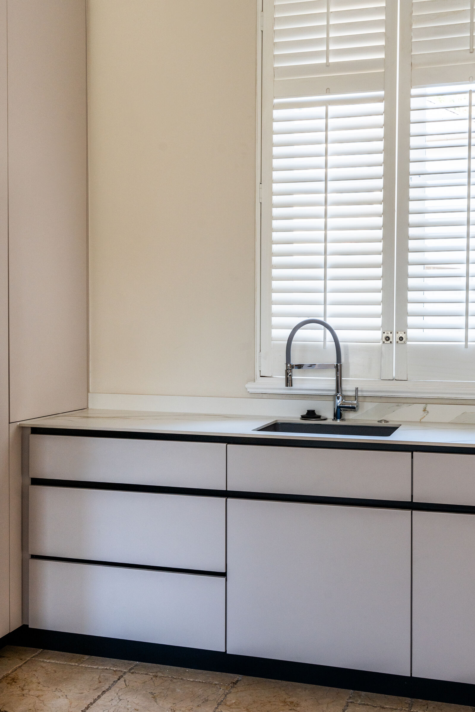 Sandhurst Residence — scullery worktop and sink, designed, manufactured and installed by The Kitchen Studio.