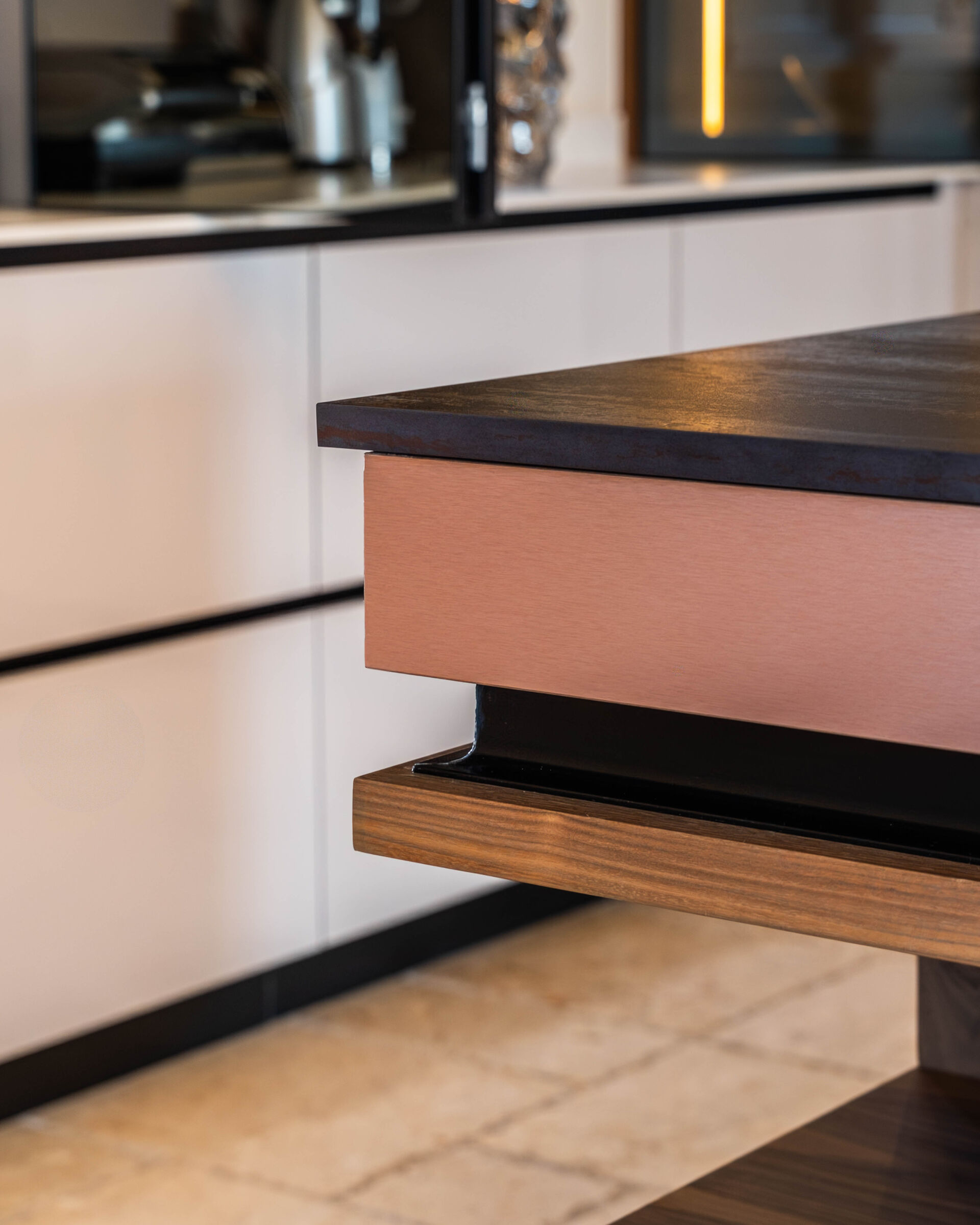 Sandhurst Residence — island edge and copper detail, designed, manufactured and installed by The Kitchen Studio.
