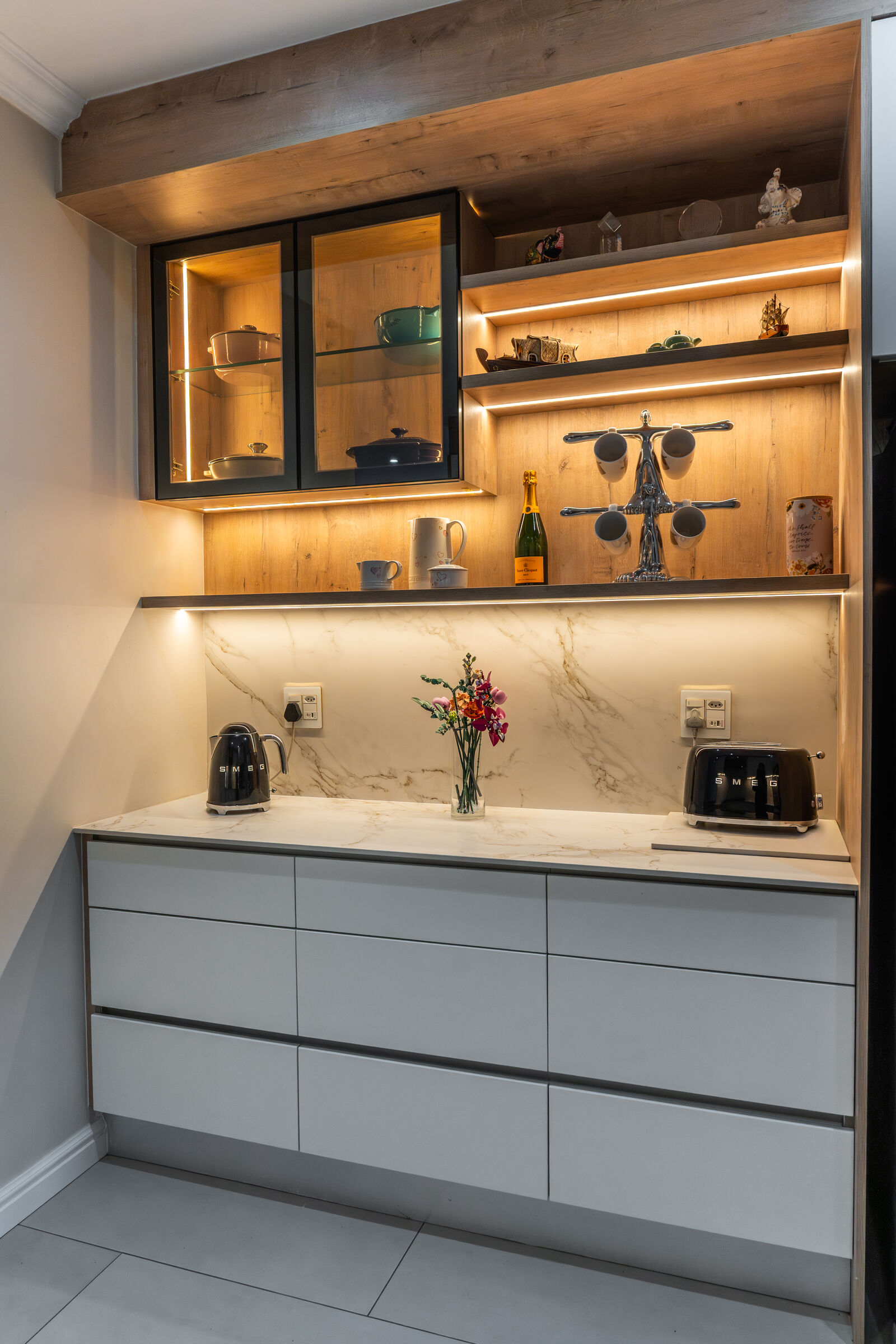 Craigavon Residence — lit coffee bar joinery, designed, manufactured and installed by The Kitchen Studio.