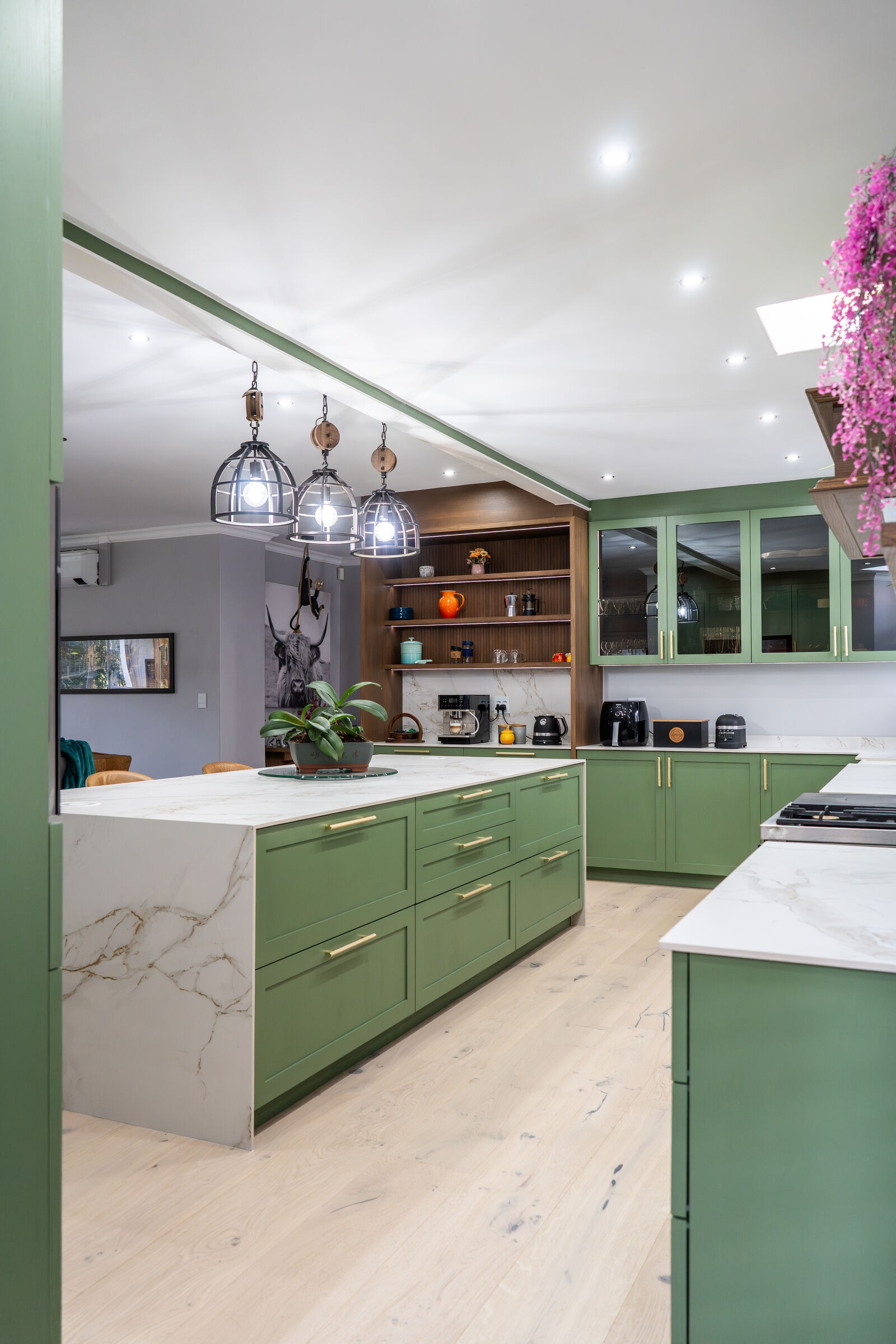 Bryanston Residence — kitchen seen from the dining room, designed, manufactured and installed by The Kitchen Studio.