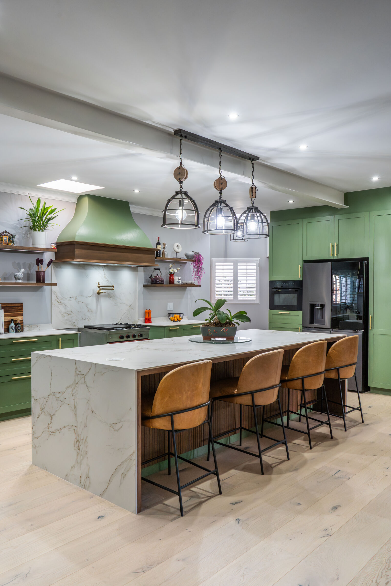 Bryanston Residence — island and pendant lighting, designed, manufactured and installed by The Kitchen Studio.