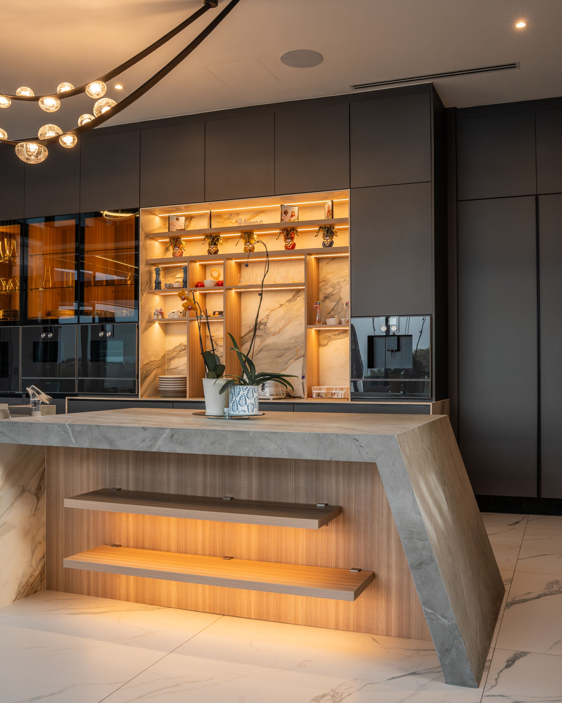 Steyn City Residence — kitchen seen from the living room, designed, manufactured and installed by The Kitchen Studio.